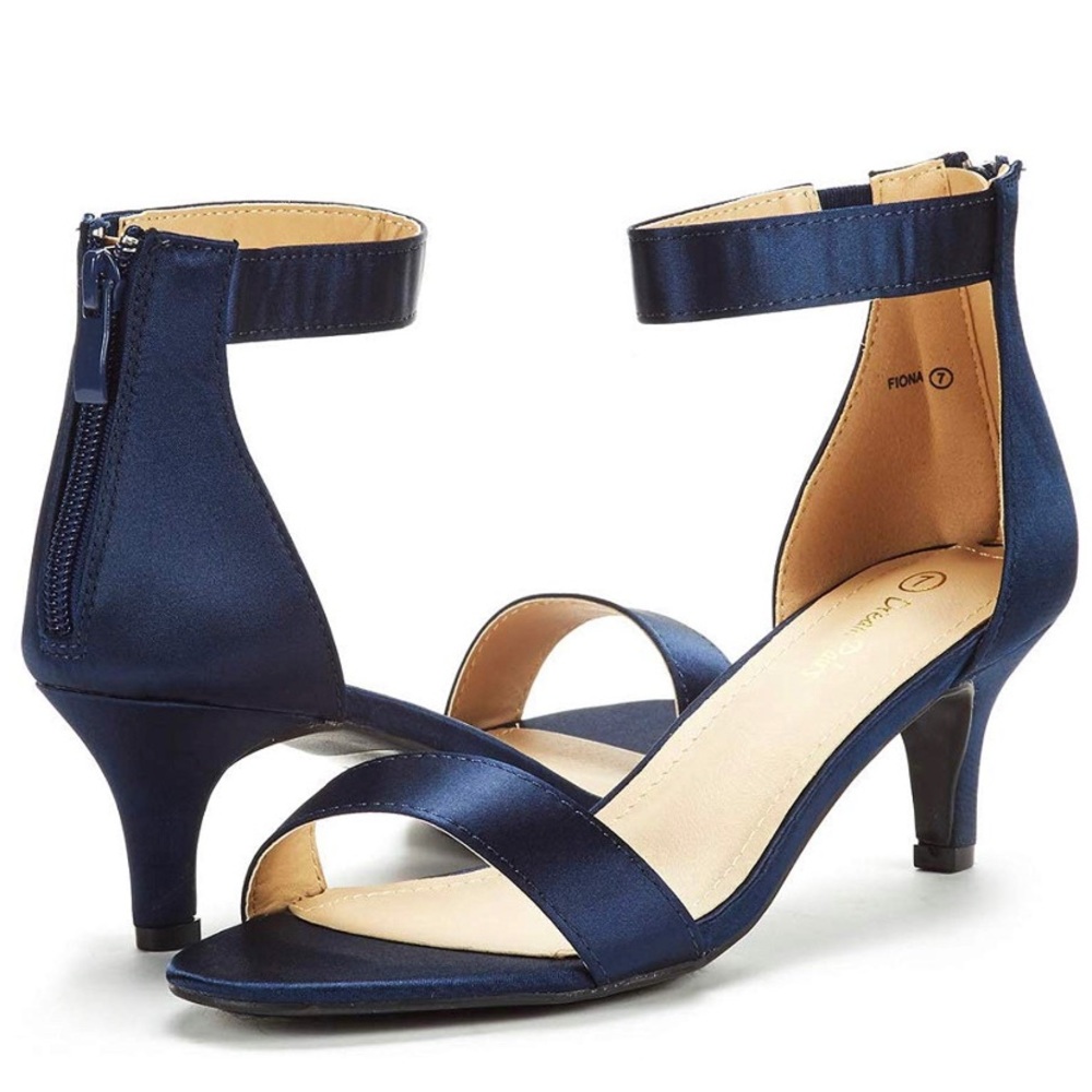 Navy blue satin kitty heel shoes